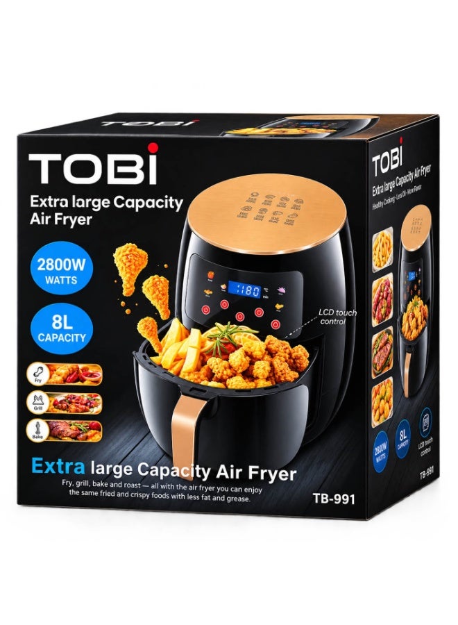TOBI 8L Digital Air Fryer 2800W Extra Large Family Capacity with LCD Touch Control Panel, Rapid Air Technology and Healthy Low-Oil Cooking for Crispy Chicken, French Fries, Seafood, Meat and Snacks - Image 2