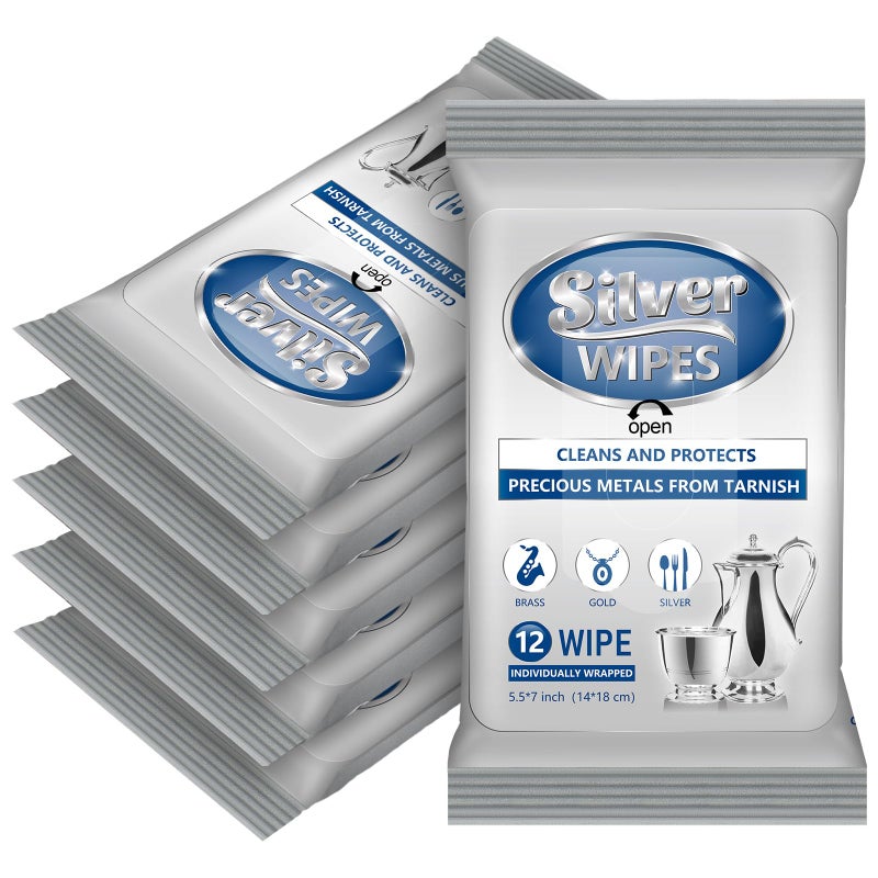 Dimsile 6 Pack/ 72 Pcs Silver Cleaner Silver Wipes Silver Polish Silver Jewelry Cleaner Cleaning Jewelry Wipes for Silverware Stainless Steel Brass Copper Metal Tarnish Remover - Image 1