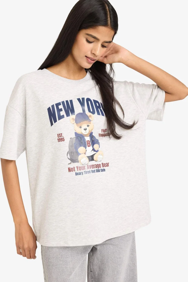 ديفاكتو Oversize Crew Neck Printed Thick T-Shirt