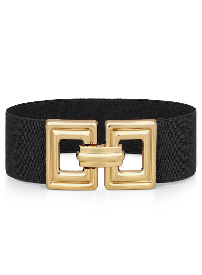 WHIPPY Women Wide Elastic Waist Belt Fashion Hollow Out Square Gold Buckle Stretchy Belt Waistband for Ladies, Black, XL - Image 1