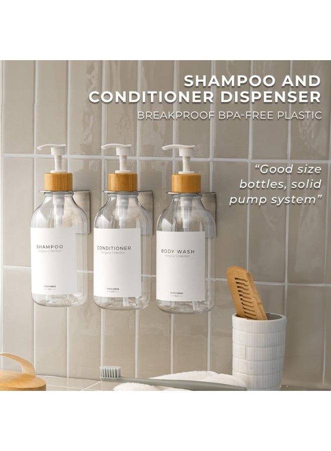 عربست مجموعة موزع شامبو وبلسم مثبتة على الحائط، مكونة من 3 قطع، موزع صابون شفاف بدون حفر مع مضخات من الخيزران الأبيض، زجاجات حمام قابلة لإعادة التعبئة سعة 16.9 أونصة، بلاستيك شفاف، تصميم متعدد الحجرات - Image 3