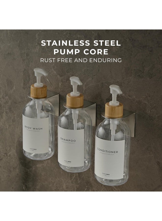 عربست مجموعة موزع شامبو وبلسم مثبتة على الحائط، مكونة من 3 قطع، موزع صابون شفاف بدون حفر مع مضخات من الخيزران الأبيض، زجاجات حمام قابلة لإعادة التعبئة سعة 16.9 أونصة، بلاستيك شفاف، تصميم متعدد الحجرات - Image 4