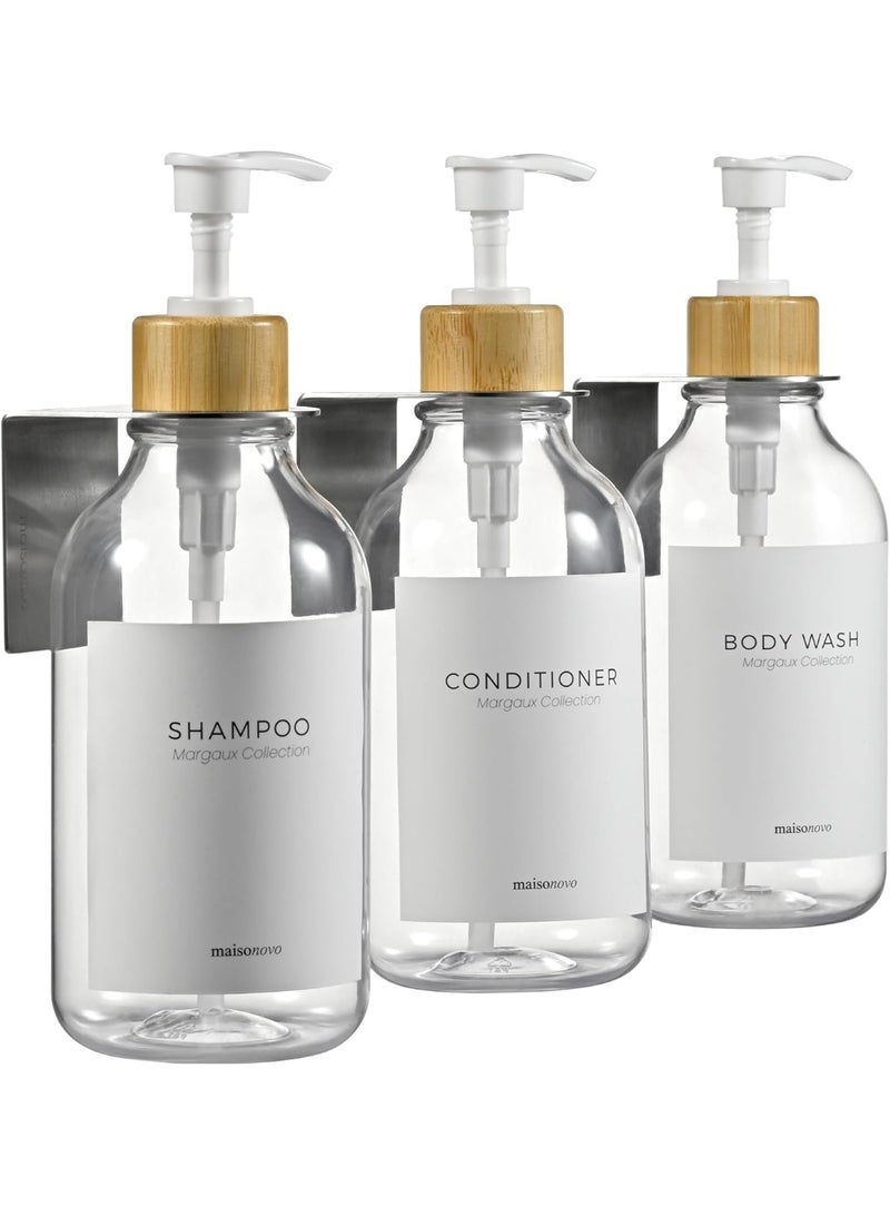 عربست مجموعة موزع شامبو وبلسم مثبتة على الحائط، مكونة من 3 قطع، موزع صابون شفاف بدون حفر مع مضخات من الخيزران الأبيض، زجاجات حمام قابلة لإعادة التعبئة سعة 16.9 أونصة، بلاستيك شفاف، تصميم متعدد الحجرات - Image 1