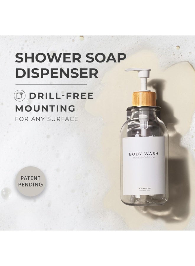 عربست مجموعة موزع شامبو وبلسم مثبتة على الحائط، مكونة من 3 قطع، موزع صابون شفاف بدون حفر مع مضخات من الخيزران الأبيض، زجاجات حمام قابلة لإعادة التعبئة سعة 16.9 أونصة، بلاستيك شفاف، تصميم متعدد الحجرات - Image 2