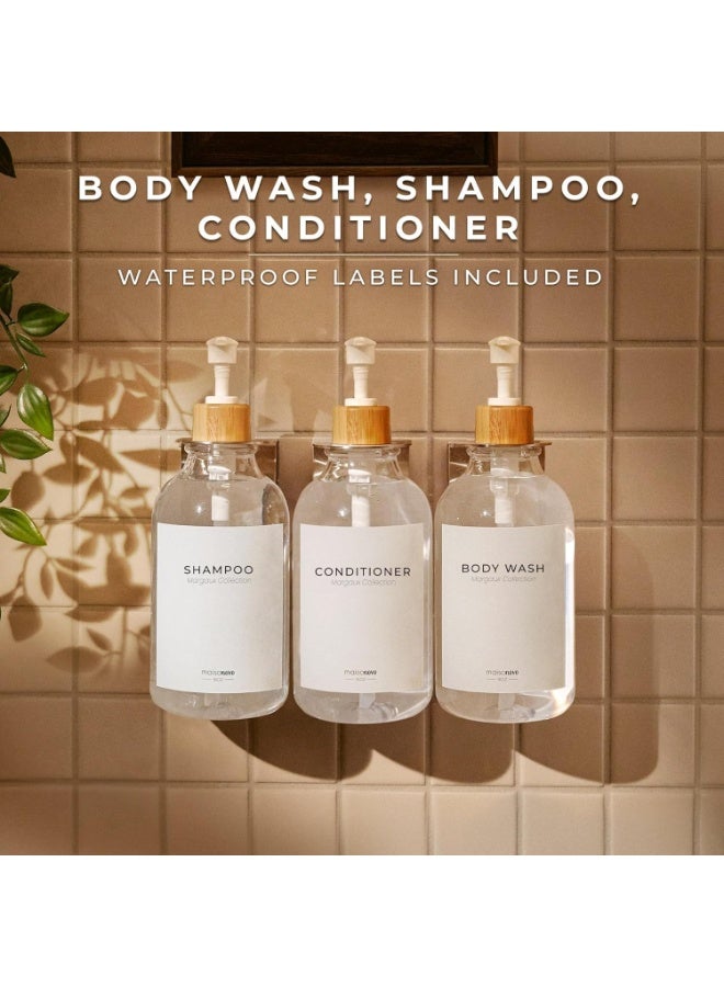 عربست مجموعة موزع شامبو وبلسم مثبتة على الحائط، مكونة من 3 قطع، موزع صابون شفاف بدون حفر مع مضخات من الخيزران الأبيض، زجاجات حمام قابلة لإعادة التعبئة سعة 16.9 أونصة، بلاستيك شفاف، تصميم متعدد الحجرات - Image 5