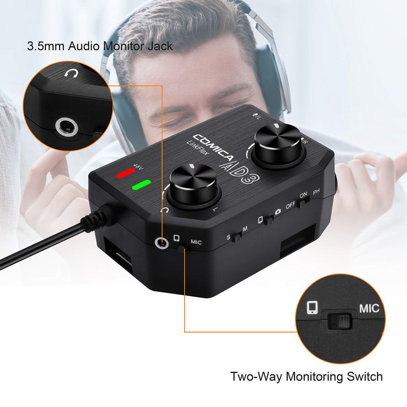 Comica LINKFLEX.AD3 2-Channel XLR/3.5mm/6.35mm Microphone Audio Mixer Preamp with Phantom Power, Real-time Monitoring, Guitar Audio Interface Microphone for DSLR Cameras Camcorders Smartphones Tablets - Image 5