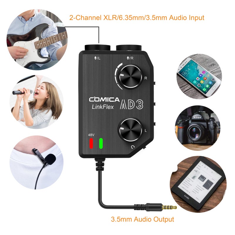Comica LINKFLEX.AD3 2-Channel XLR/3.5mm/6.35mm Microphone Audio Mixer Preamp with Phantom Power, Real-time Monitoring, Guitar Audio Interface Microphone for DSLR Cameras Camcorders Smartphones Tablets - Image 4