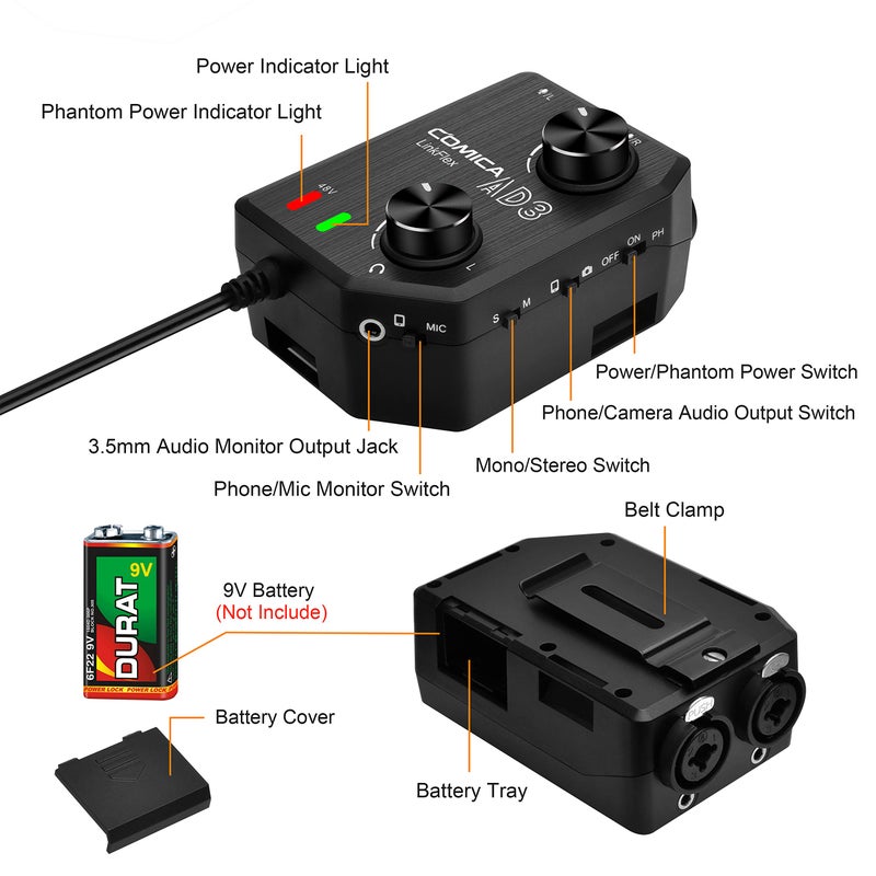 Comica LINKFLEX.AD3 2-Channel XLR/3.5mm/6.35mm Microphone Audio Mixer Preamp with Phantom Power, Real-time Monitoring, Guitar Audio Interface Microphone for DSLR Cameras Camcorders Smartphones Tablets - Image 2