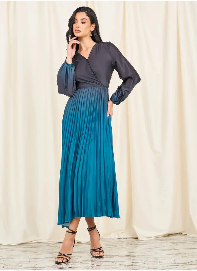 Styli Pleated Ombre Print A-Line Maxi Dress