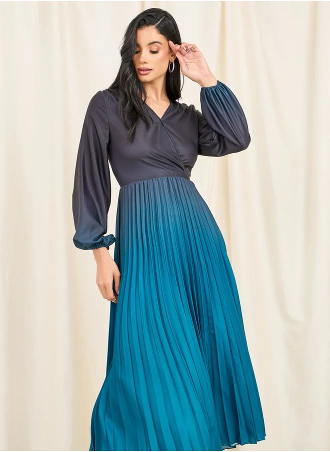 Styli Pleated Ombre Print A-Line Maxi Dress