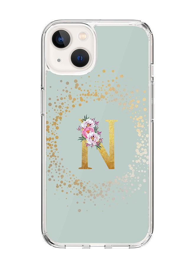 Stylizedd Classic Clear Case For iPhone 14 Plus, Hybrid Soft Case Thin Cover- Custom Monogram Initial Letter Floral Pattern Alphabet - N(Light Green)  - Image 1