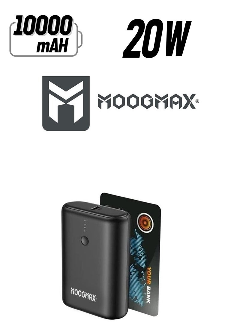 MOOGMAX - Super Small Pocket Size Power Bank 10000mAh Portable Charger. Portable powerbank in a small, card-sized design. Charging battery with LED indicator. Dual USB and Type-C port power bank fast charging with 20W PD fast charging. Black from MoogMax. - Image 1
