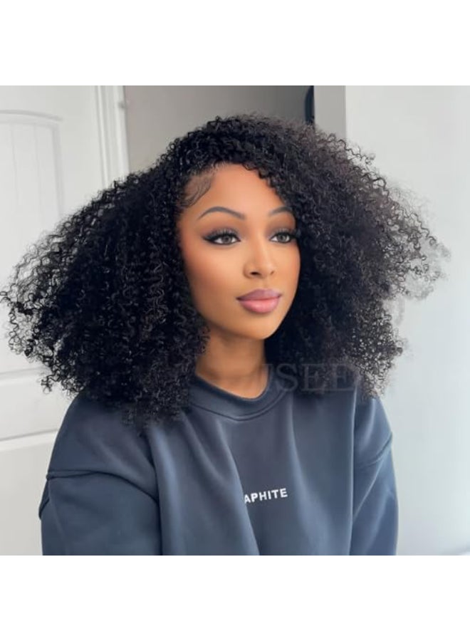 ISEE Afro Kinky Curly 3 In 1 Half Wig Glueless Wigs Human Hair Seamless Kinky Curly Flip Over Beginner Friendly Wear Go Drawstring Band Clip in Wig Human Hair Black Color 18 Inch