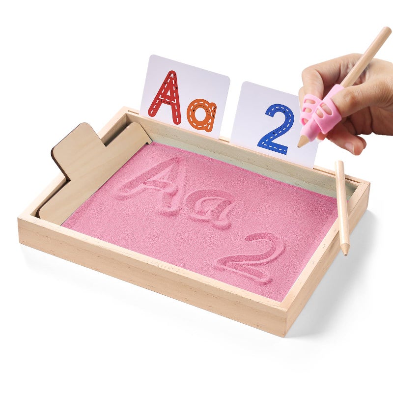 MORITECK Montessori Sand Tray for KidsWriting Play Sand Tray with Lid for Classroom Practice Writing Letters and Numbers Pink Large - Image 3