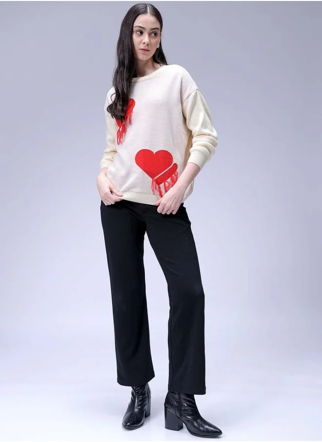 Freehand Women Loose Fit Placement Embroidery Oversized Sweater