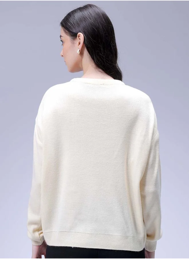 Freehand Women Loose Fit Placement Embroidery Oversized Sweater