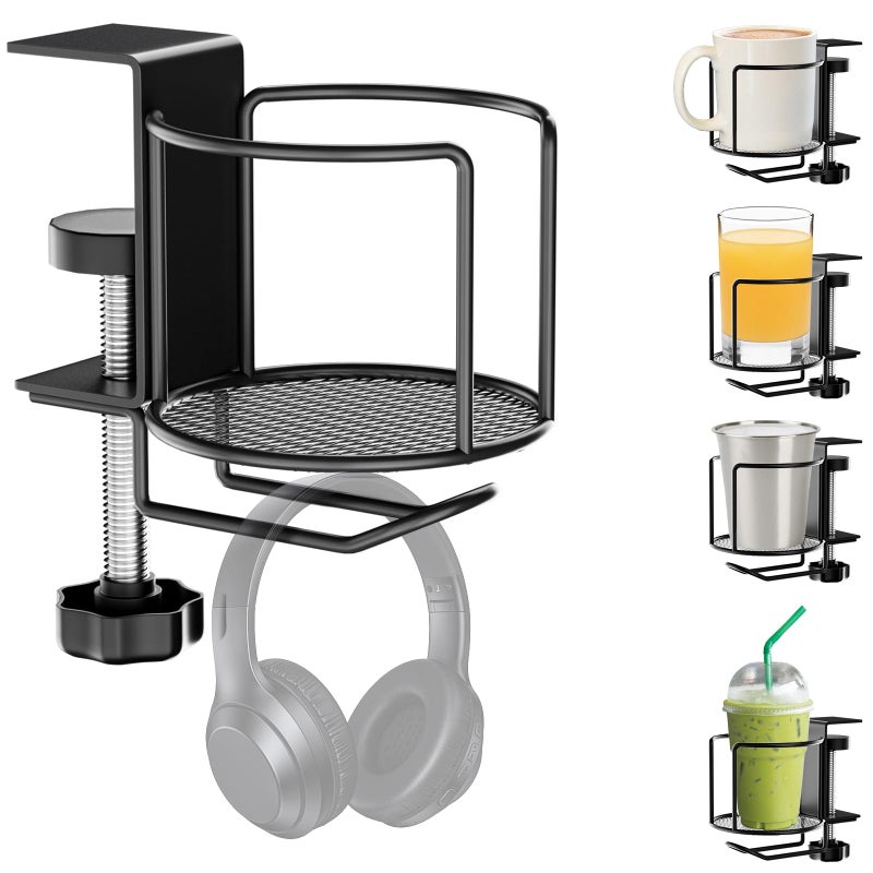 ZMHH 2-in-1 Desk Cup Holder,Anti-Spill Table Water Bottle Holder,Clamp On Table Stainless Steel Drinking Holder,Compatible with Universal Cups/Bottles/Mugs/Cans/Tumblers/Thermoses/Glass,1 Pack - Image 1