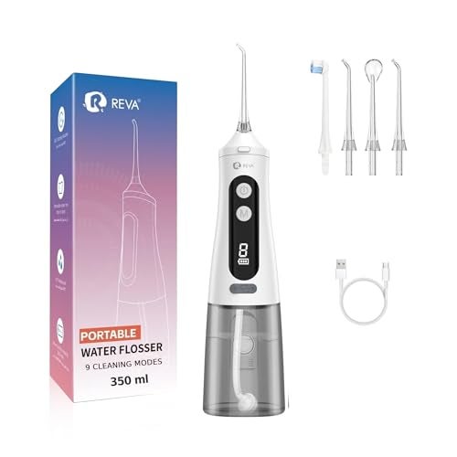 R REVA Professional Water Dental Flosser for Teeth & Braces - 9 Modes Cordless Oral Irrigator, 350ML Large Reservoir, 360° Nozzle, IPX7 Waterproof, Rechargeable, Dental Floss Tool (M131 - White) - Image 1
