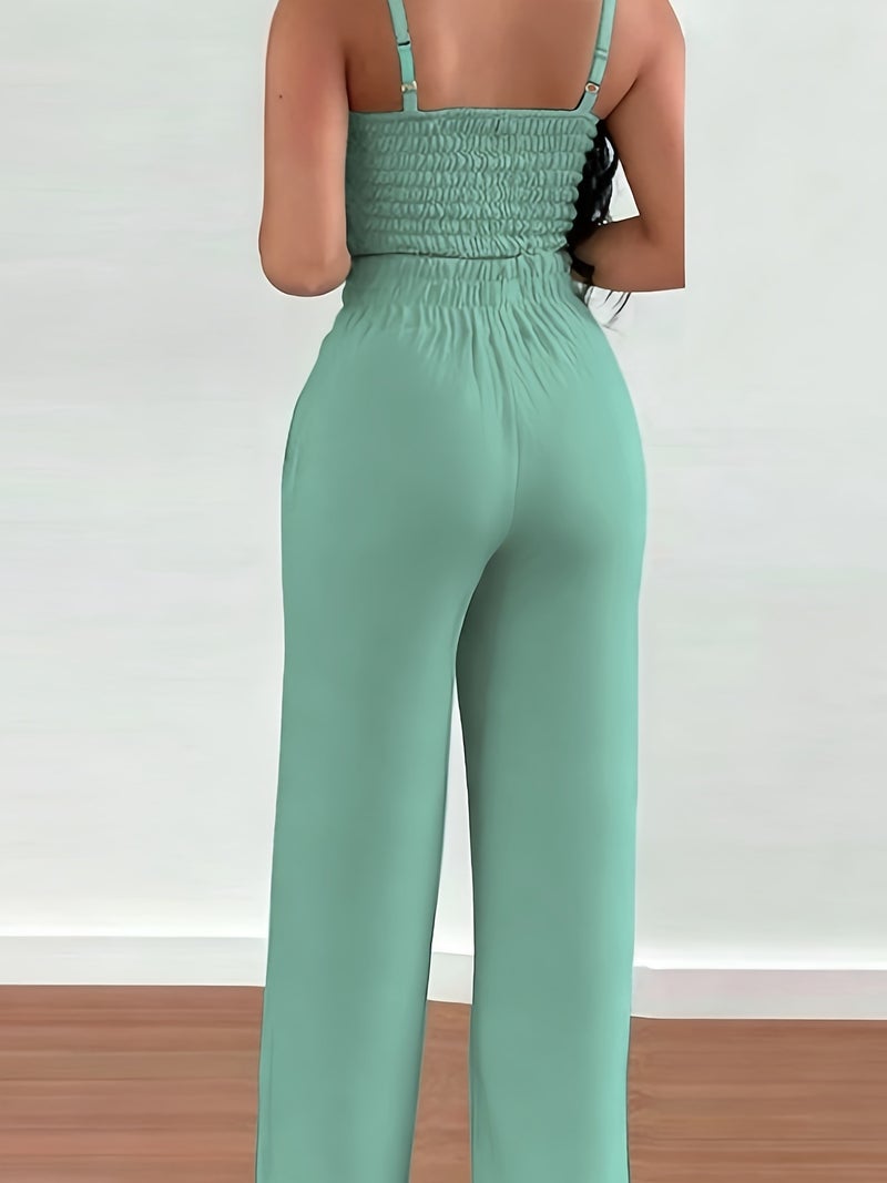 2-piece Women's Set with Thin Strap Stretch Camisole and Wide-leg Pants for Casual Vacation Wear - Image 2