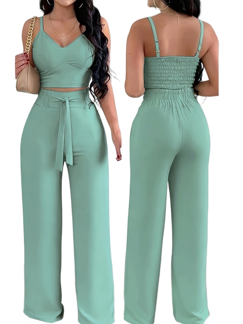 2-piece Women's Set with Thin Strap Stretch Camisole and Wide-leg Pants for Casual Vacation Wear - Image 1