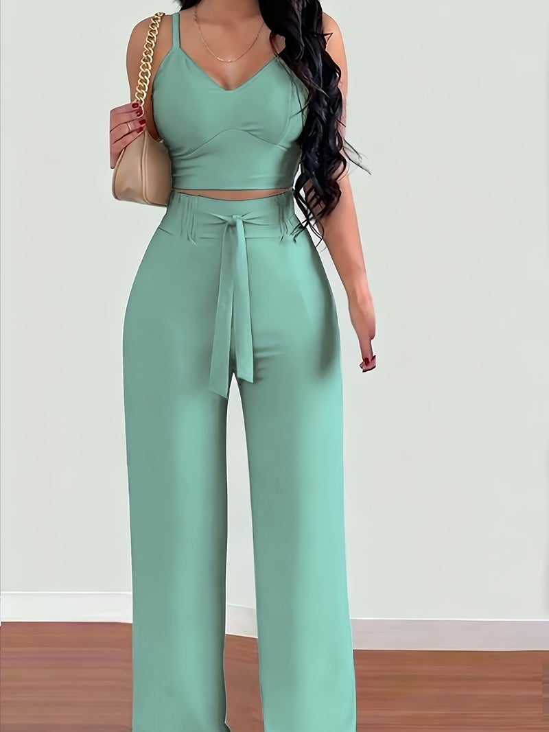 2-piece Women's Set with Thin Strap Stretch Camisole and Wide-leg Pants for Casual Vacation Wear - Image 3