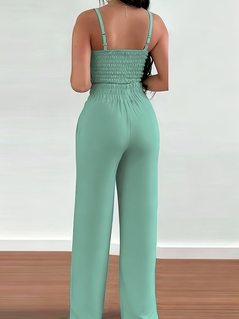2-piece Women's Set with Thin Strap Stretch Camisole and Wide-leg Pants for Casual Vacation Wear - Image 4