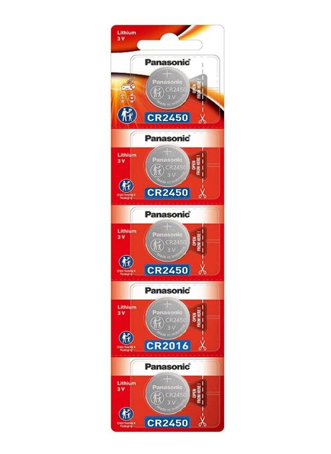 Panasonic 5-Piece Coin Battery Set Silver CR2450 