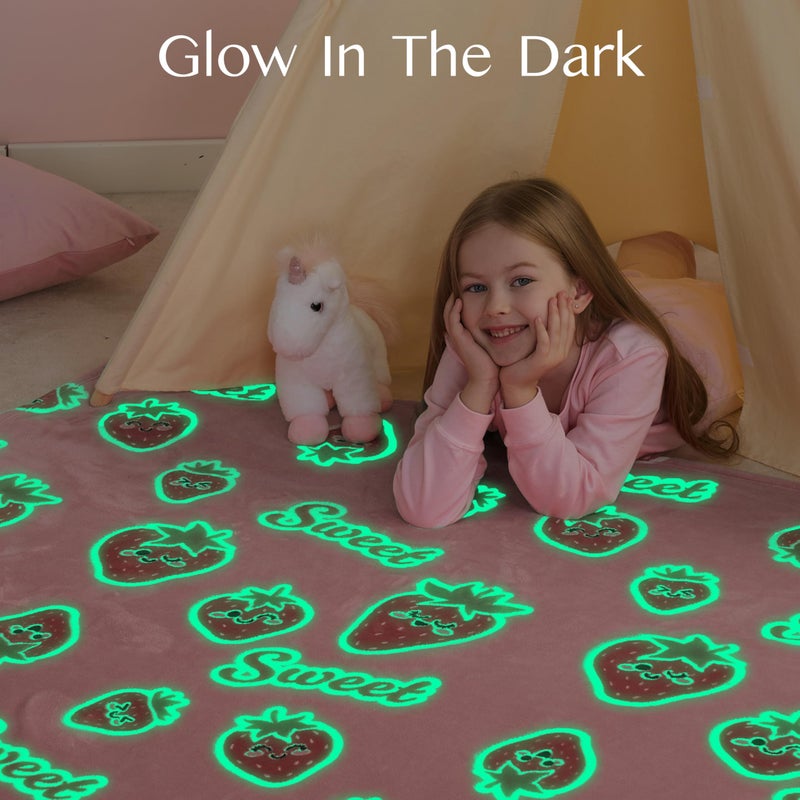 Joiedomi Glow in The Dark Blanket - Strawberry Gift for Girls Age 2 3 4 5 6 7 8 9 10 11 12 Year Old - Soft Cozy Flannel Kids Throw Blanket  Birthday Bedroom Decor 50""?60"" - Image 2