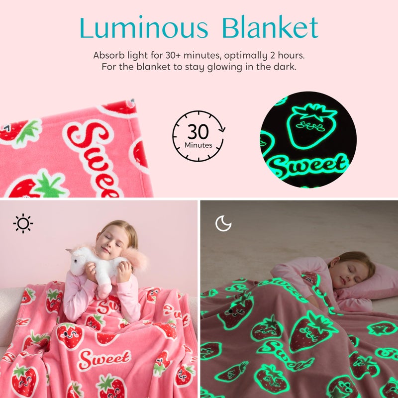 Joiedomi Glow in The Dark Blanket - Strawberry Gift for Girls Age 2 3 4 5 6 7 8 9 10 11 12 Year Old - Soft Cozy Flannel Kids Throw Blanket  Birthday Bedroom Decor 50""?60"" - Image 3