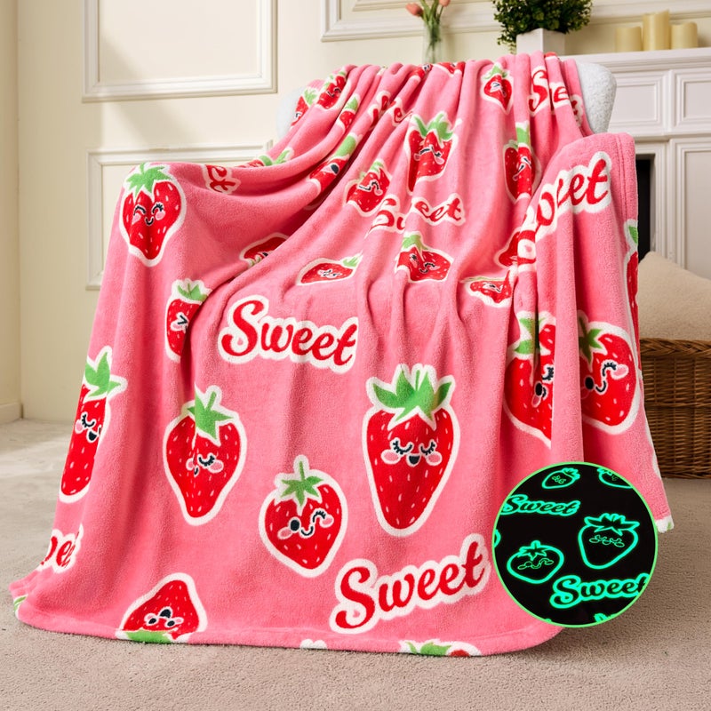 Joiedomi Glow in The Dark Blanket - Strawberry Gift for Girls Age 2 3 4 5 6 7 8 9 10 11 12 Year Old - Soft Cozy Flannel Kids Throw Blanket  Birthday Bedroom Decor 50""?60"" - Image 1