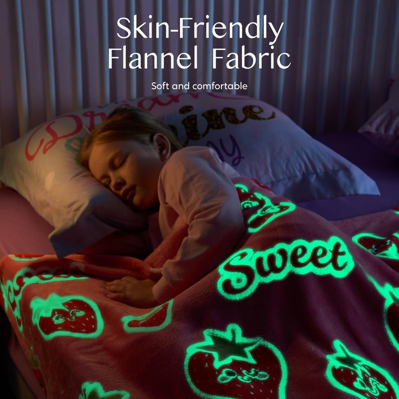 Joiedomi Glow in The Dark Blanket - Strawberry Gift for Girls Age 2 3 4 5 6 7 8 9 10 11 12 Year Old - Soft Cozy Flannel Kids Throw Blanket  Birthday Bedroom Decor 50""?60"" - Image 4