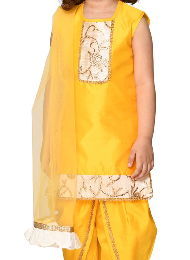Saka Designs Girls Yellow Ethnic Kurta with Dhoti Pants and Dupatta