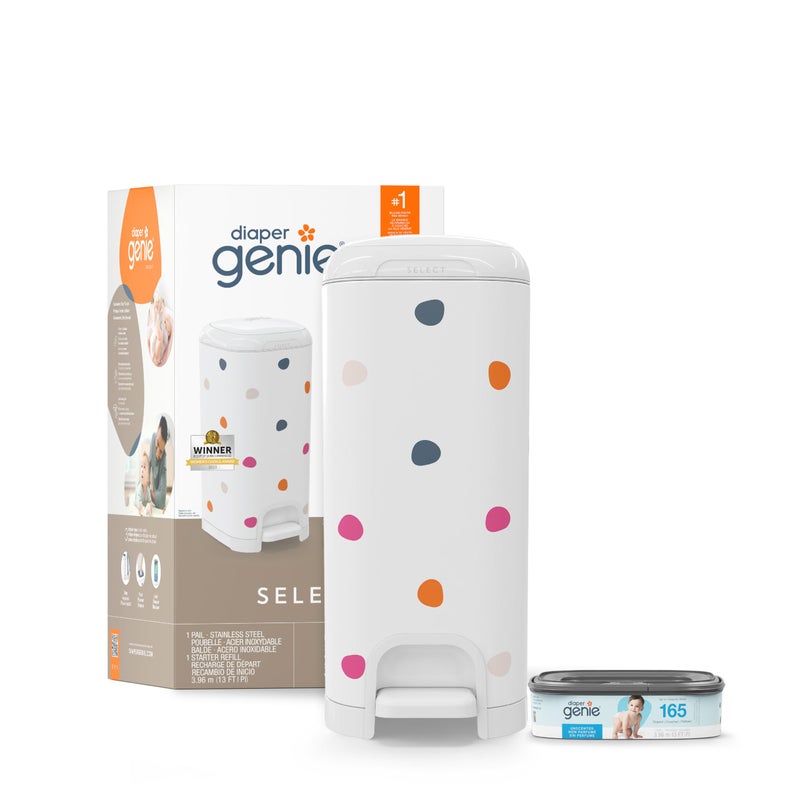 Diaper Genie Diaper Genie Select Pail MultiColor Polka Dot is Made of Durable Stainless Steel and Includes 1 Starter Square Refill That can Hold up to 165 NewbornSized Diapers 