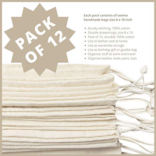 DR 100 Percent Cotton Muslin Drawstring Bags 12-Pack For Storage Pantry Gifts - Unbleached (8 x 10 inch, Beige) - Image 3