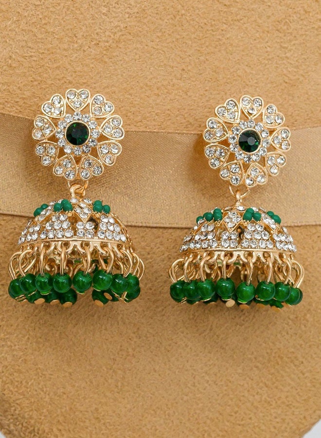 Indian Ethnic Jhumka Earrings for Women, Gold Plated Green Bead Crystal Inlay Floral Top Bell Earrings, Traditional Wedding Festival Bridal Fancy Ethnic Jewelry - Image 4