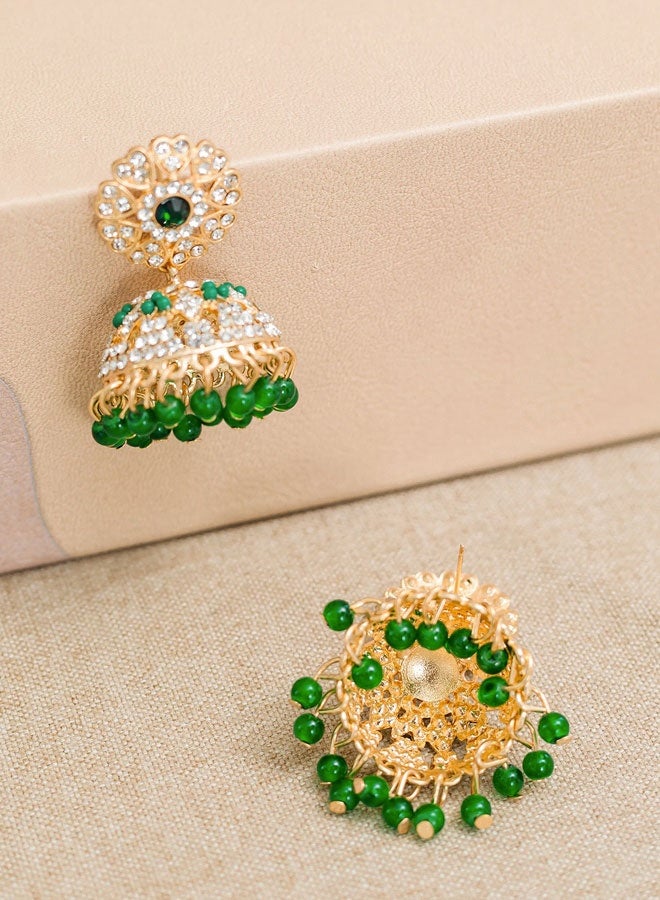 Indian Ethnic Jhumka Earrings for Women, Gold Plated Green Bead Crystal Inlay Floral Top Bell Earrings, Traditional Wedding Festival Bridal Fancy Ethnic Jewelry - Image 3