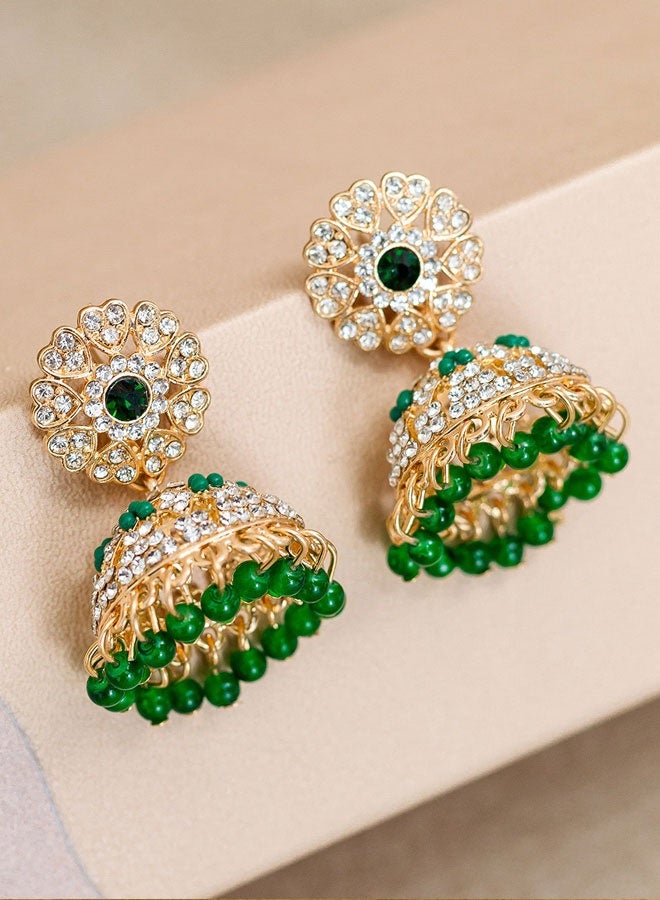 Indian Ethnic Jhumka Earrings for Women, Gold Plated Green Bead Crystal Inlay Floral Top Bell Earrings, Traditional Wedding Festival Bridal Fancy Ethnic Jewelry - Image 2