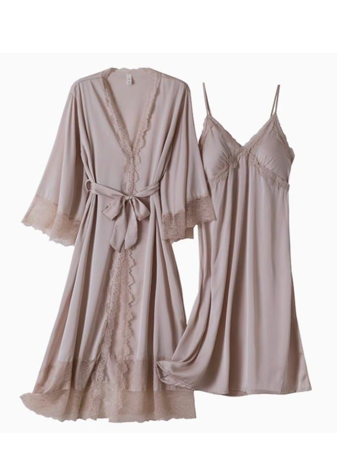 Lace Pajama Women's Thin Ice Silk Two-Piece Set With Suspender Nightgown, Nightgown Extended Version - Image 1