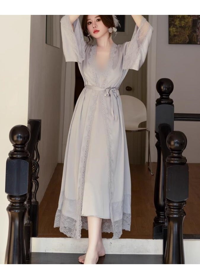 Lace Pajama Women's Thin Ice Silk Two-Piece Set With Suspender Nightgown, Nightgown Extended Version - Image 2