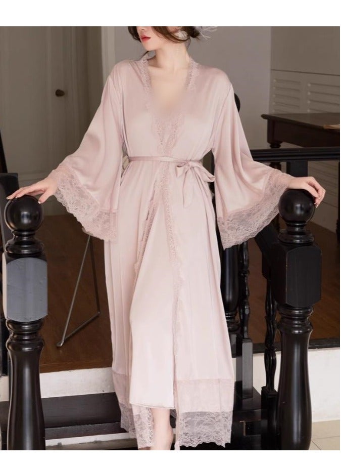 Lace Pajama Women's Thin Ice Silk Two-Piece Set With Suspender Nightgown, Nightgown Extended Version - Image 3