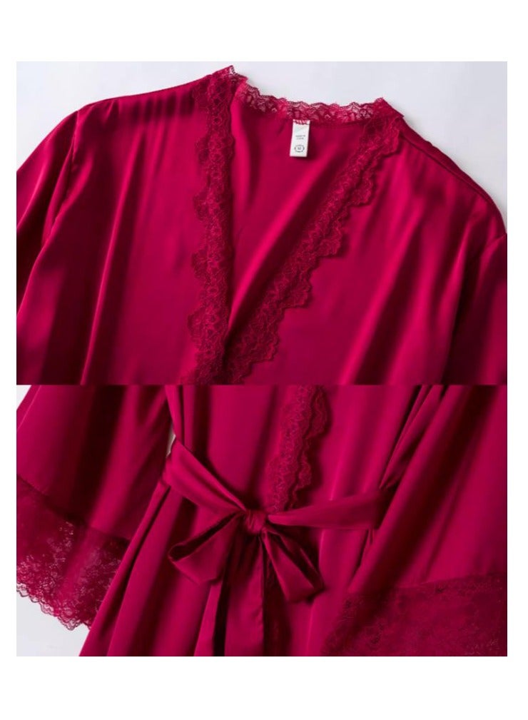 Lace Pajama Women's Thin Ice Silk Two-Piece Set With Suspender Nightgown, Nightgown Extended Version - Image 5