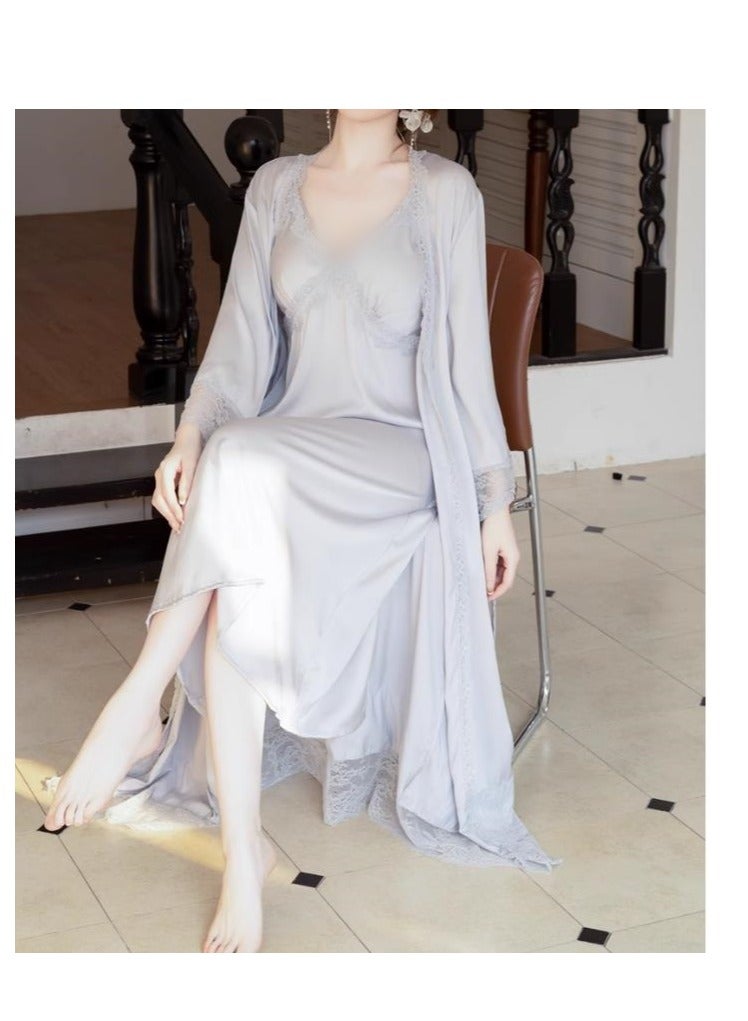 Lace Pajama Women's Thin Ice Silk Two-Piece Set With Suspender Nightgown, Nightgown Extended Version - Image 4