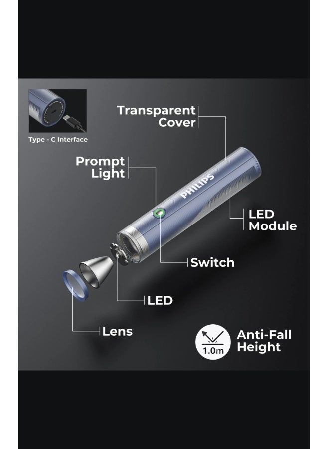 PHILIPS  Rechargeable LED Flashlight & Camping Light 400 Lumens | Dual Function Torch & Side Light | 150m Range | USB‑C Charging | 2000mAh Battery | 4 Modes SOS & Flashing | Portable Multi‑Use Light SFL1188/56 grey - Image 3