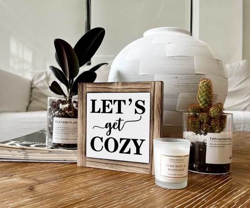 XJCUG Inspirational Wood Signs, Box Wood Plaques Desk DÃ©cor, Farmhouse Home Decor Sign for Shelf, Family Table Decor for Kitchen Bedroom Dining Room, Living Room Decor, Housewarming Gift, Let's Get Cozy - Image 5