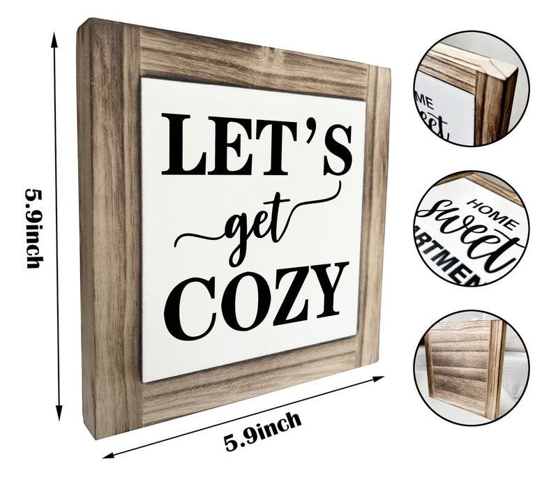 XJCUG Inspirational Wood Signs, Box Wood Plaques Desk DÃ©cor, Farmhouse Home Decor Sign for Shelf, Family Table Decor for Kitchen Bedroom Dining Room, Living Room Decor, Housewarming Gift, Let's Get Cozy - Image 3