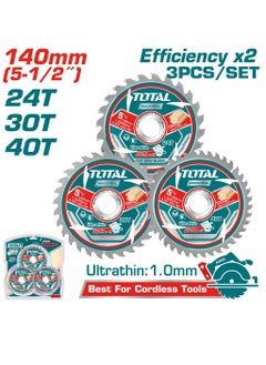 TOTAL TOTAL TCT Circular Saw Blade Set 140mm (5-1/2”) – 3-Piece Wood Cutting Blade Pack with 24T, 30T, 40T – Ideal for Precision Woodworking & DIY Projects – Fits 20mm/16mm Arbor Saws  - Image 1