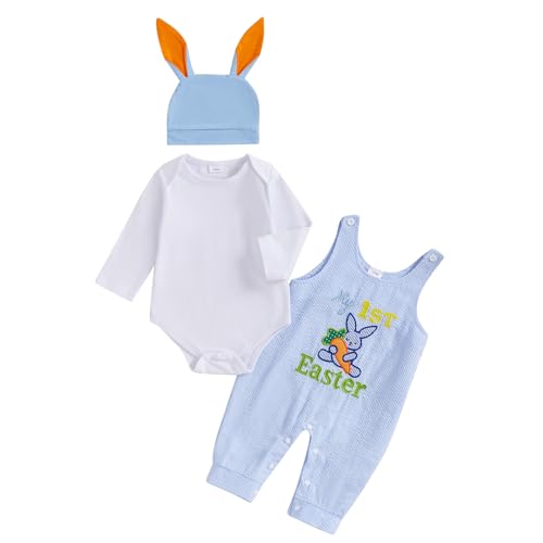 LAGKIYOJ My First Easter Baby Boy Outfit Bunny Embroidery Farm Romper Plaid Overall Ears Hat Newborn Baby Easter Clothes (White, 0-3 Months) - Image 1