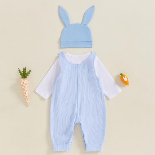 LAGKIYOJ My First Easter Baby Boy Outfit Bunny Embroidery Farm Romper Plaid Overall Ears Hat Newborn Baby Easter Clothes (White, 0-3 Months) - Image 4
