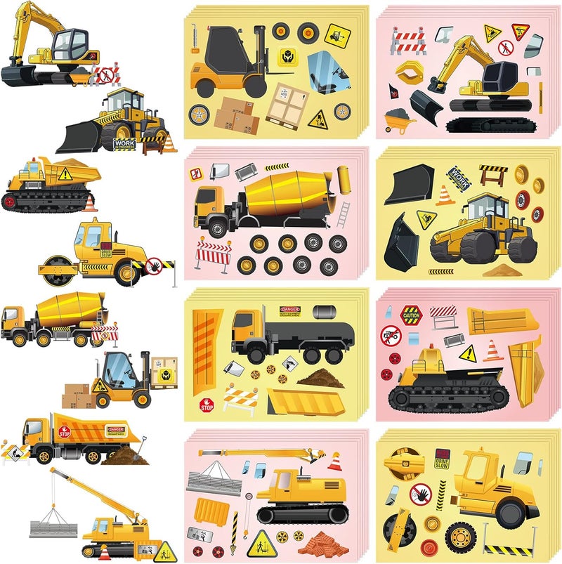 klarako 48 Sheets Construction Truck Stickers Kits DIY Excavator Stickers Make Your Own Truck Stickers with 8 Designs Construction Themed Party Favors for Kids Boy's Kindergarten, Festival Present - Image 1