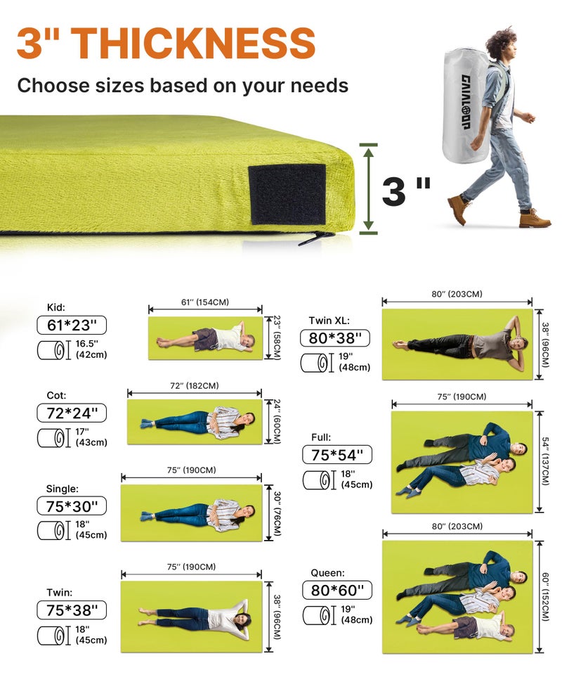 Gaialoop 3 Inch Memory Foam Camping Mattress, Dual Layer Thick Sleeping Camp Pad for Car Tent Cot, Roll-Up Portable Glamping Floor Bed for Guests Sleepover[Full: 75 * 54 * 3"] - Image 5